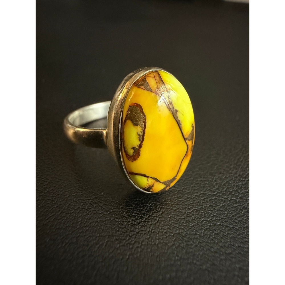 Sterling Silver Ring Turquoise Honey Dahlia Yellow Southwest Bezel 925 Size 7.5 - Picture 2 of 11